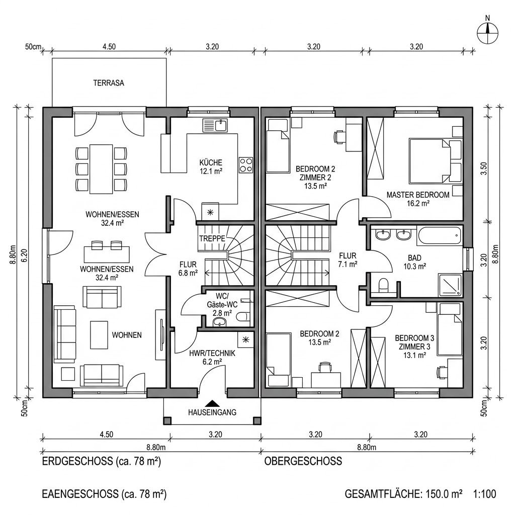 Grundriss Landhaus Hochgern 150 – 150 m² Landhaus mit 5 Zimmern