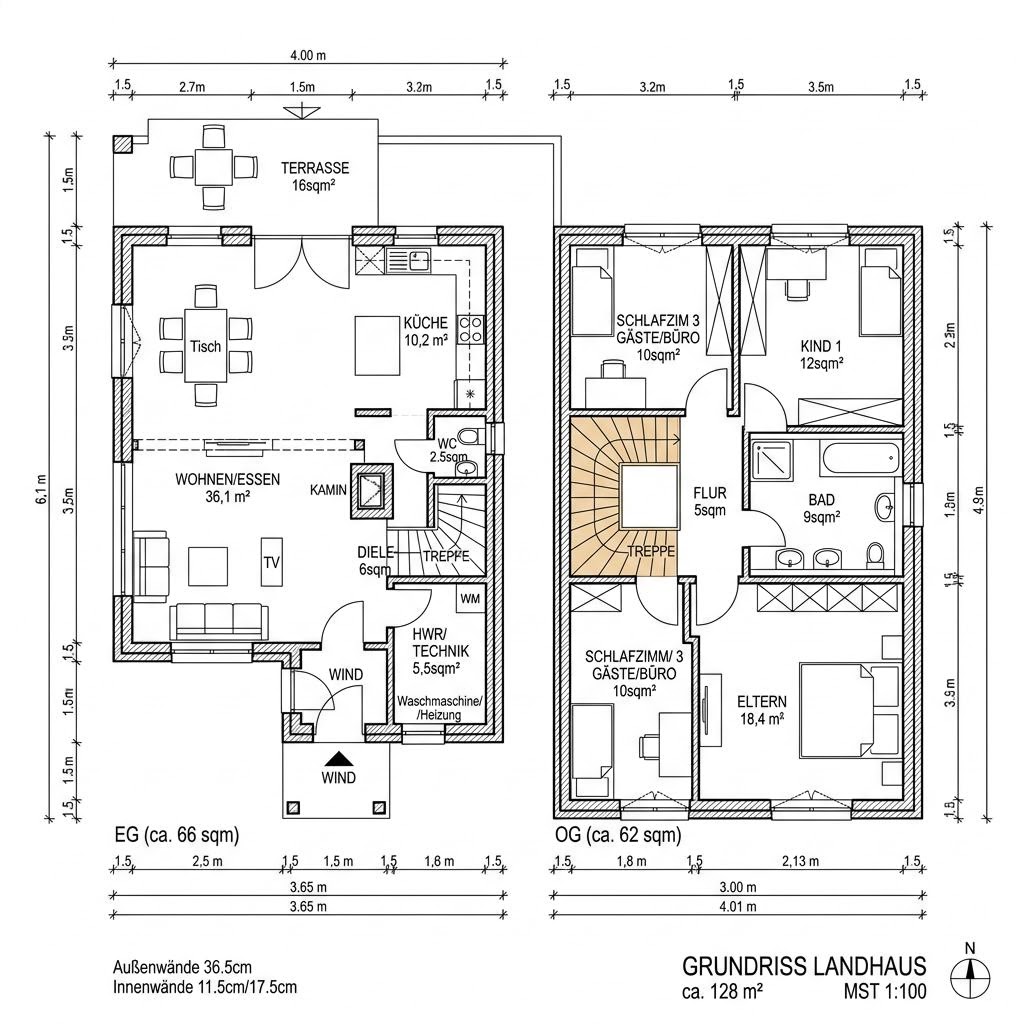 Grundriss Landhaus 128 von Isartaler Holzhaus — 128 m², 5 Zimmer