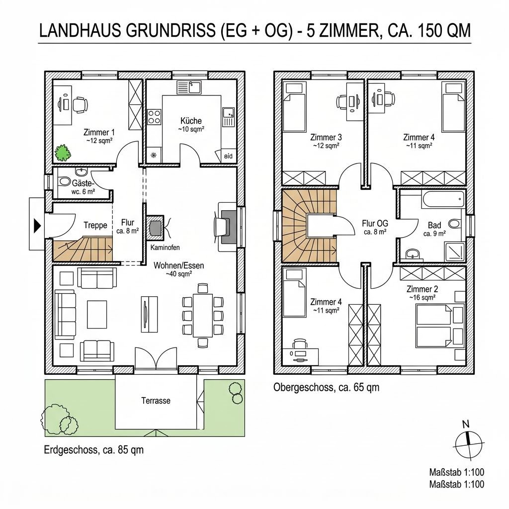 Grundriss Landhaus Familie 150 – 150 m² Landhaus mit 5 Zimmern