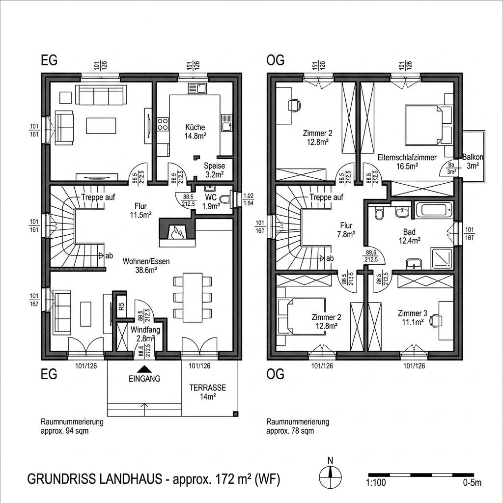 Grundriss Landhaus Familie 172 – 172 m² Landhaus mit 6 Zimmern