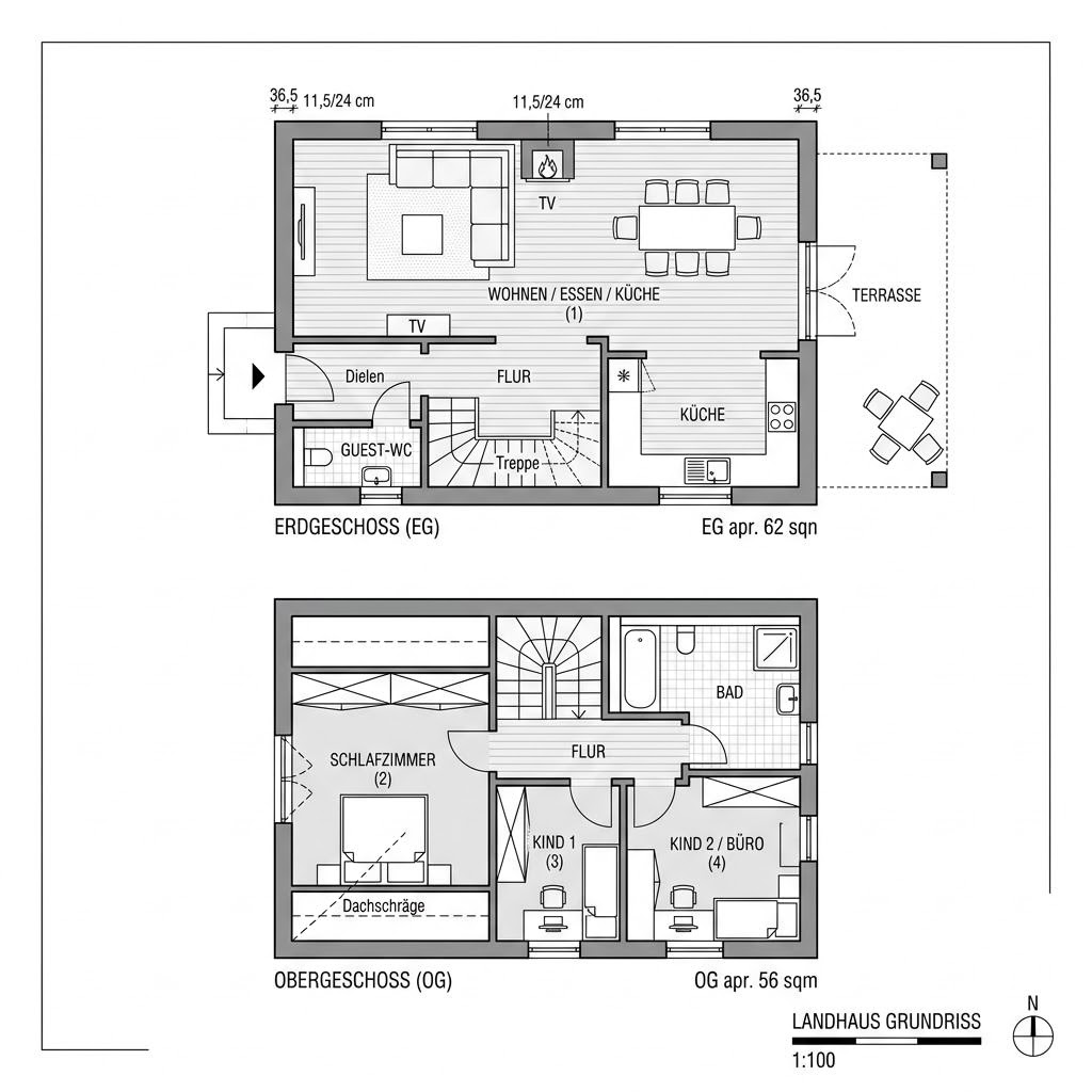 Grundriss Landhaus Kompakt 118 – 118 m² Landhaus mit 4 Zimmern