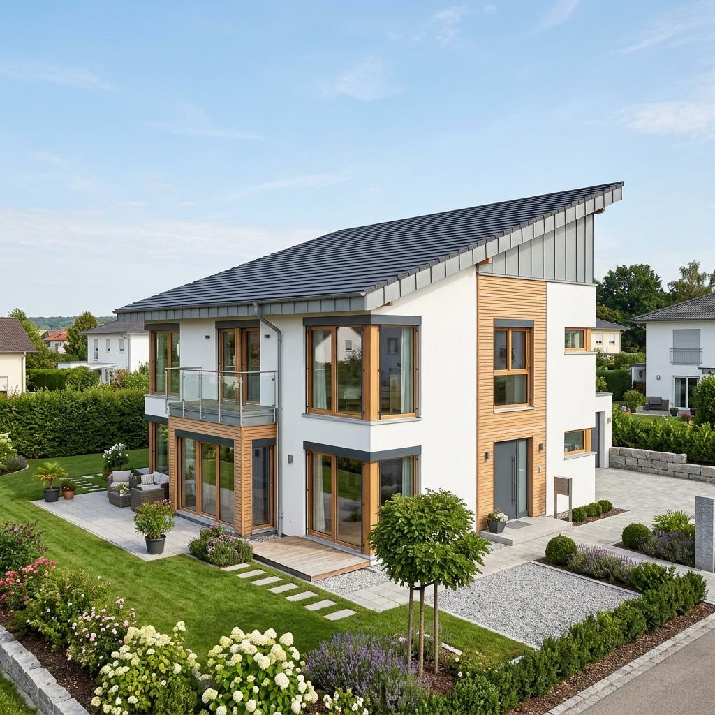 Kubushaus Modern 154 von LEHNER HAUS mit versetztem Pultdach — kubisches Fertighaus im Bauhausstil mit 154 m²