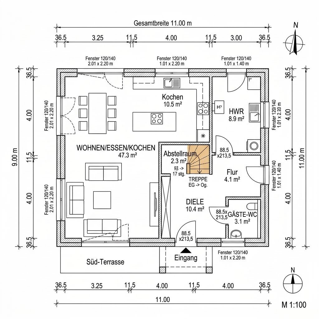 Grundriss Kubushaus Modern 154 von LEHNER HAUS — 154 m², 5 Zimmer