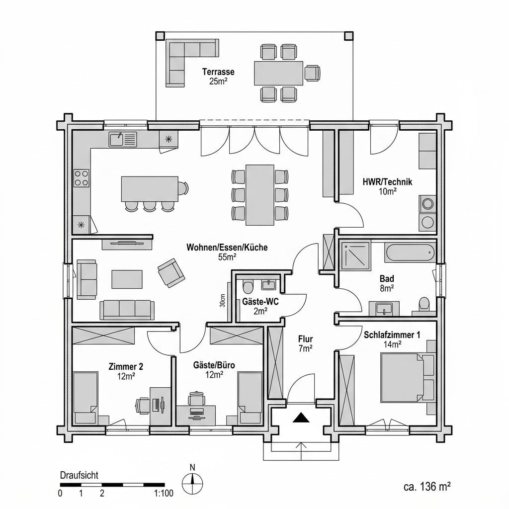 Grundriss Country 136 – 136 m² Blockhaus mit 5 Zimmern