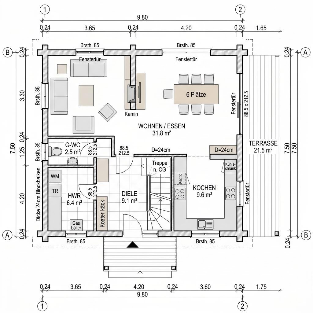 Grundriss Blockhaus Lodge 138 von Léonwood Holz-Blockhaus — 138 m², 5 Zimmer