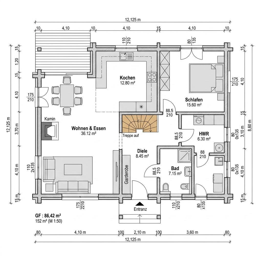 Grundriss Blockhaus Saga 152 von Léonwood Holz-Blockhaus — 152 m², 5 Zimmer