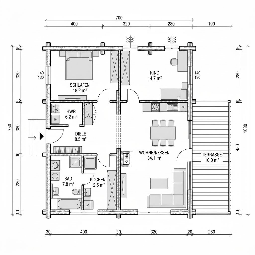 Grundriss Blockhaus Taiga 108 – 108 m² Blockhaus mit 4 Zimmern