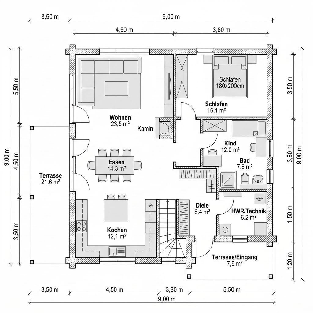 Grundriss Blockhaus Tundra 162 von Léonwood Holz-Blockhaus — 162 m², 6 Zimmer