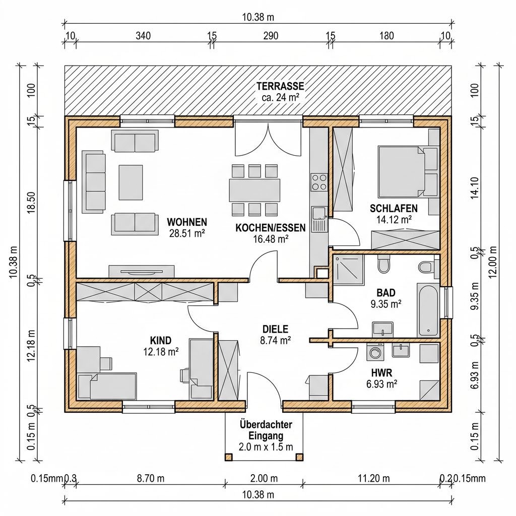 Grundriss Blockhaus Yukon 108 – 108 m² Holzhaus mit 3 Zimmern