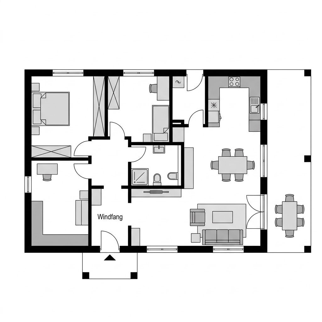 Grundriss Chalet-Bungalow Waldheim von LéonWood — 96 m², 3 Zimmer