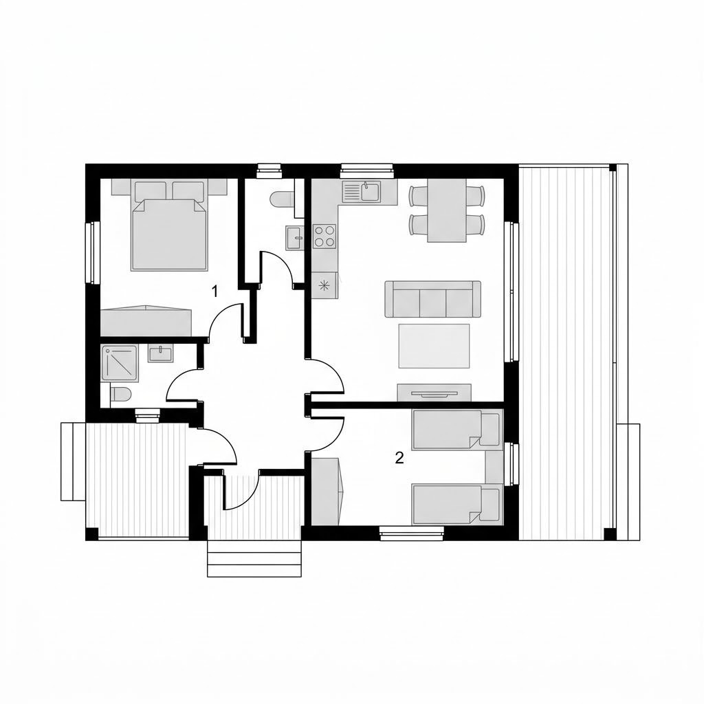 Grundriss Ferienhaus Waldperle 64 von LéonWood — 64 m², 3 Zimmer