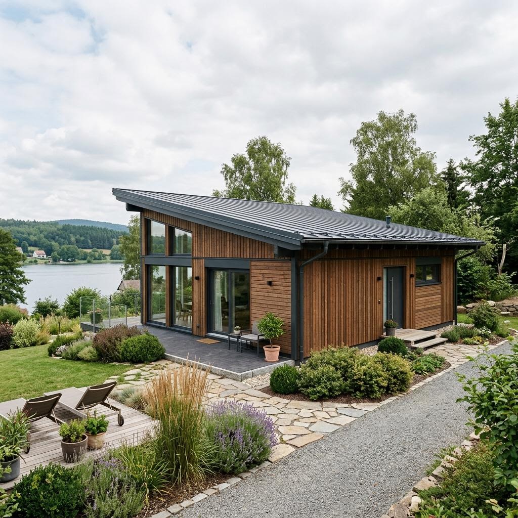 Ferienhaus Seeblick 96 von LéonWood als modernes Blockhaus mit Pultdach und Glasfront