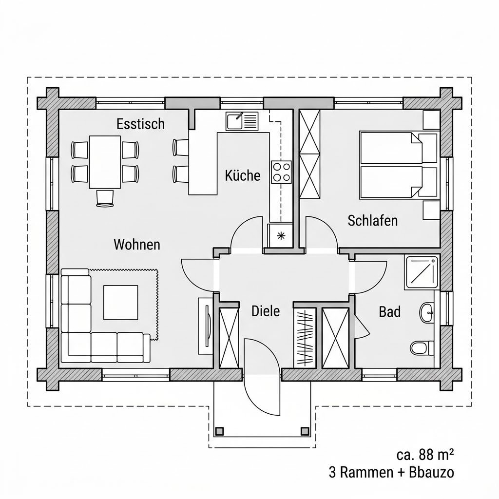 Grundriss Waldkate 88 – 88 m² Blockhaus mit 3 Zimmern