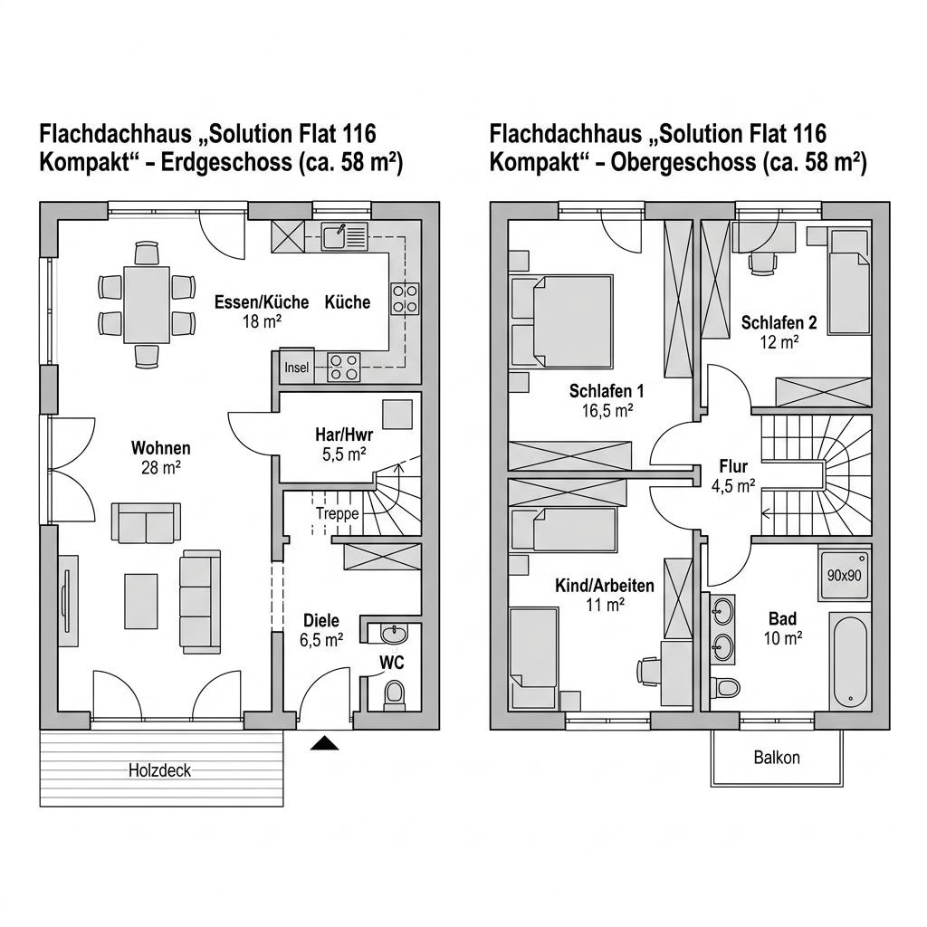 Grundriss Solution Flat 116 Kompakt von Living Fertighaus — 116 m², 4 Zimmer