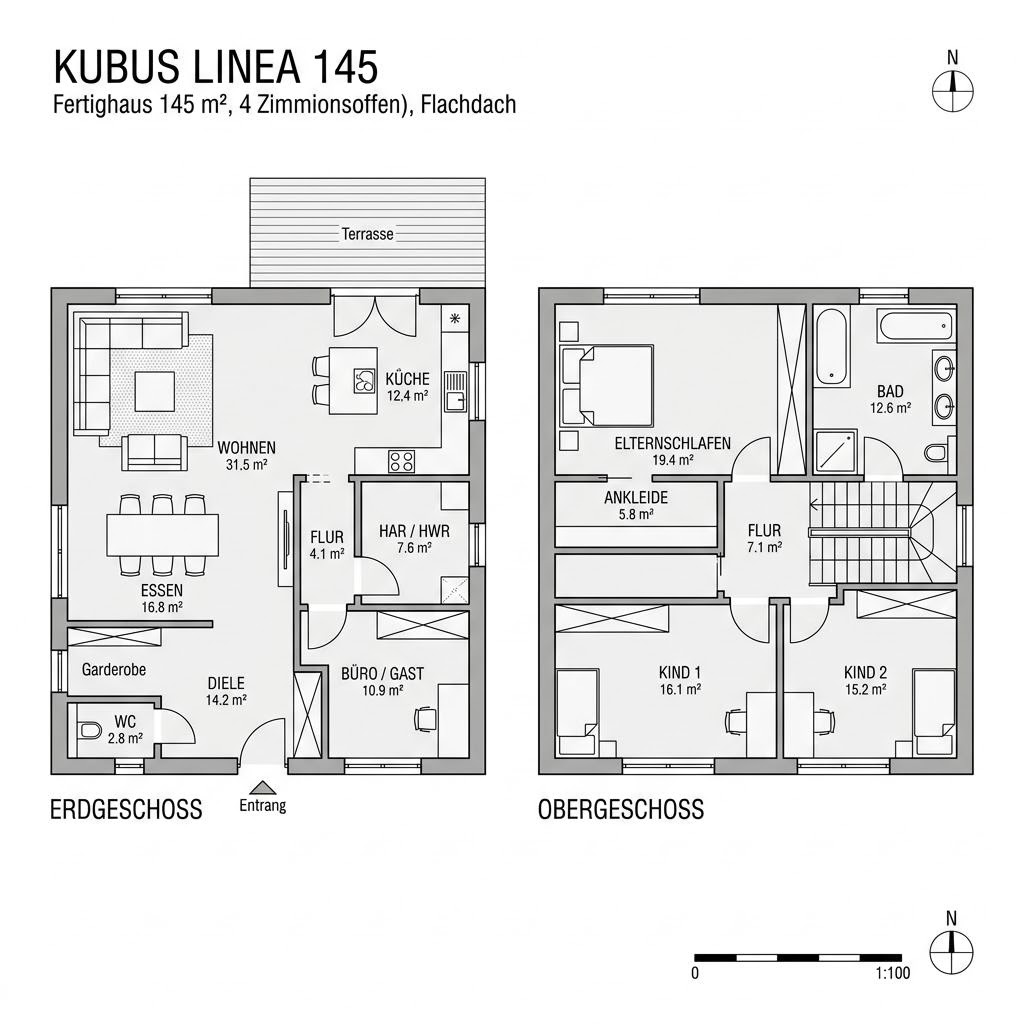 Grundriss Kubus Linea 145 von LUXHAUS — 145 m², 4 Zimmer