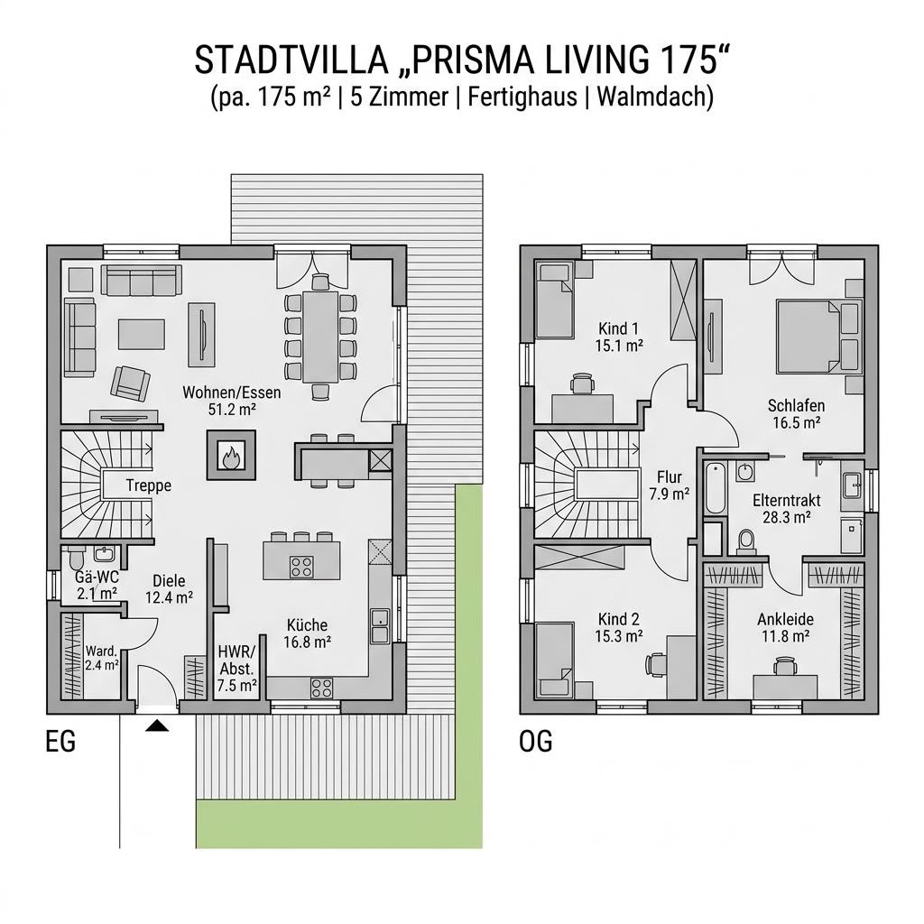 Grundriss Prisma Living 175 – 175 m² Stadtvilla mit 5 Zimmern