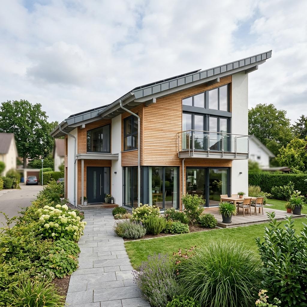 Pultdachhaus Pult Klassik 186 von LUXHAUS mit klarer Kante und großem Solardach