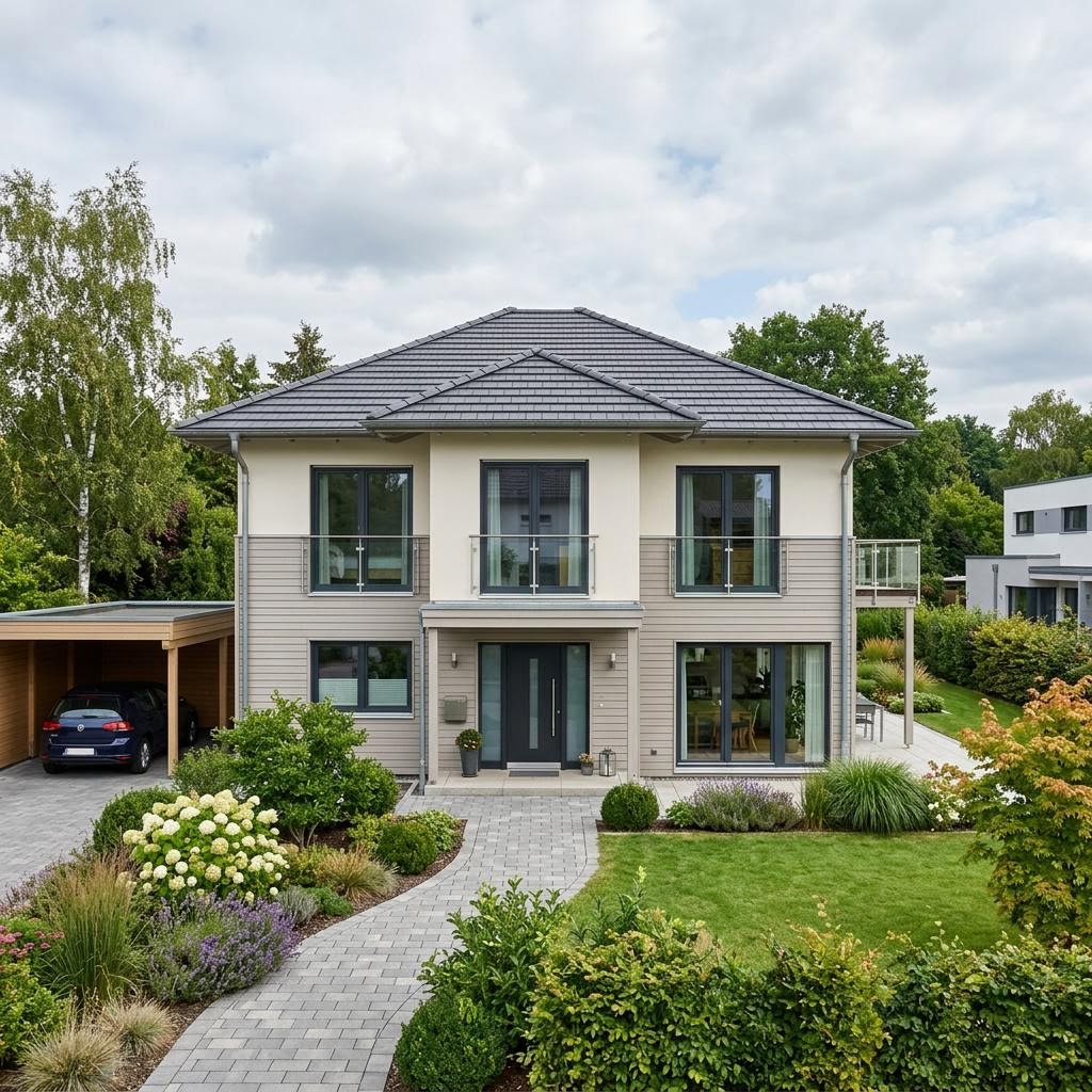 Ausbauhaus EcoLine 15-02.W von massa haus mit Walmdach — Fertighaus mit 148 m² und Homeoffice