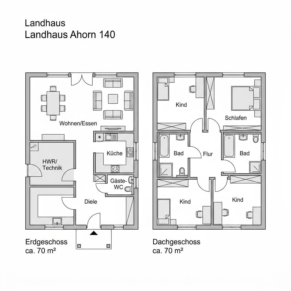 Grundriss Landhaus Ahorn 140 – 140 m² Landhaus mit 5 Zimmern
