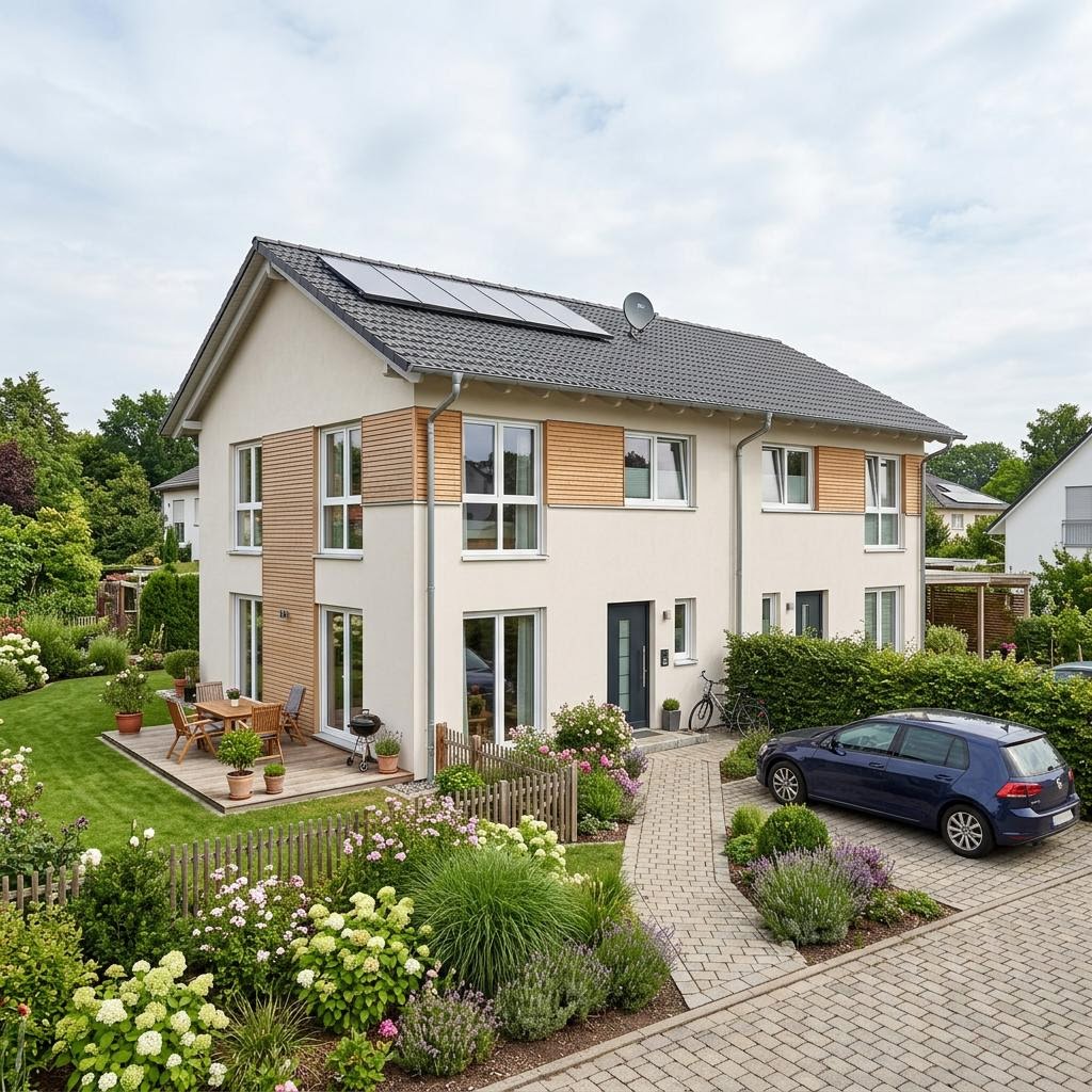 Doppelhaushälfte LifeStyle Duo 108 von massa haus — Satteldach, 108 m² für schmale Grundstücke