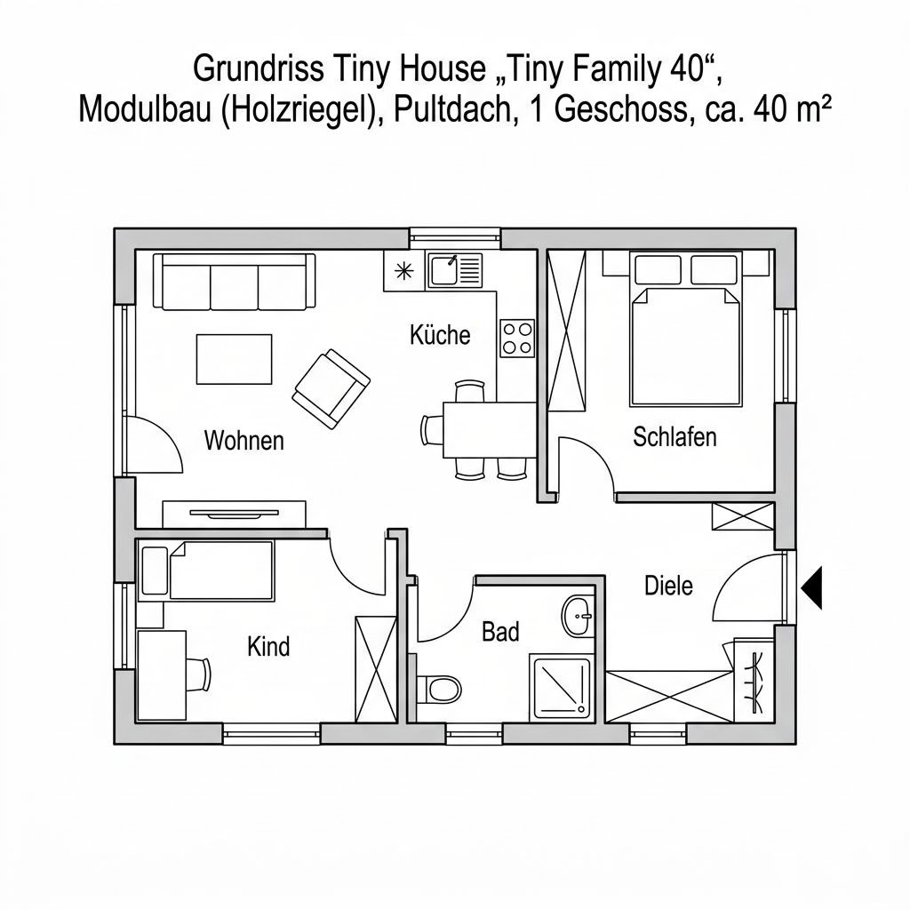 Grundriss Tiny Family 40 – 40 m² Tiny House mit 3 Zimmern