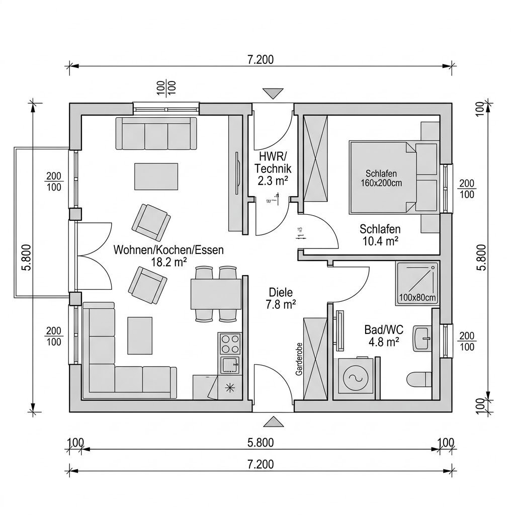 Grundriss Tiny House Cube 40 – 40 m² Tiny House mit 2 Zimmern