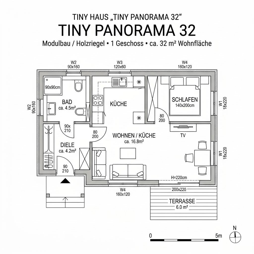 Grundriss Tiny Panorama 32 – 32 m² Tiny House mit 2 Zimmern
