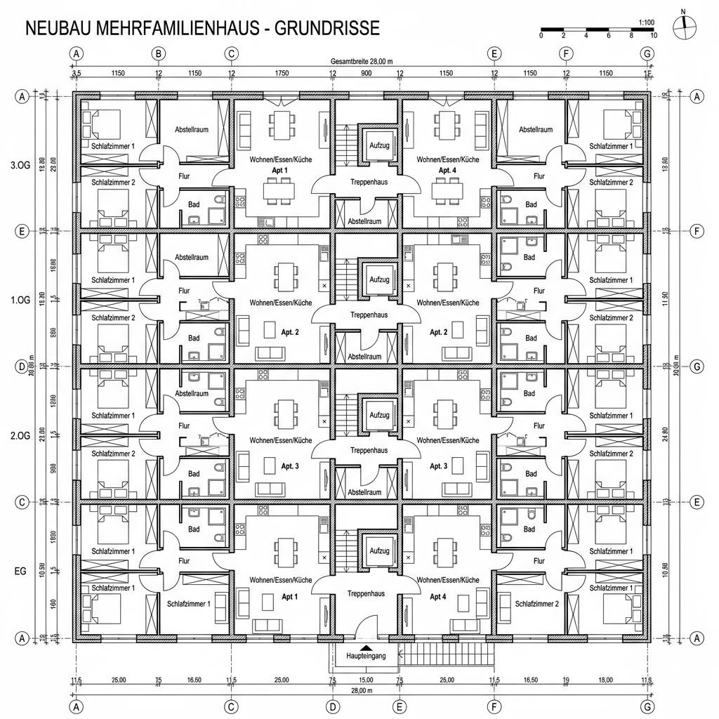Grundriss Wohnbau Serie — 16 Wohneinheiten von GROPYUS — 1180 m², 48 Zimmer