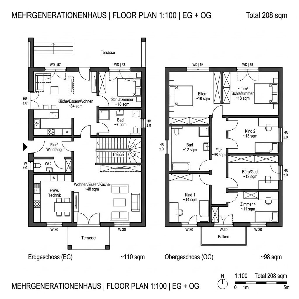 Grundriss Mehrgeneration Familienhof 208 – 208 m² Mehrgenerationenhaus mit 7 Zimmern