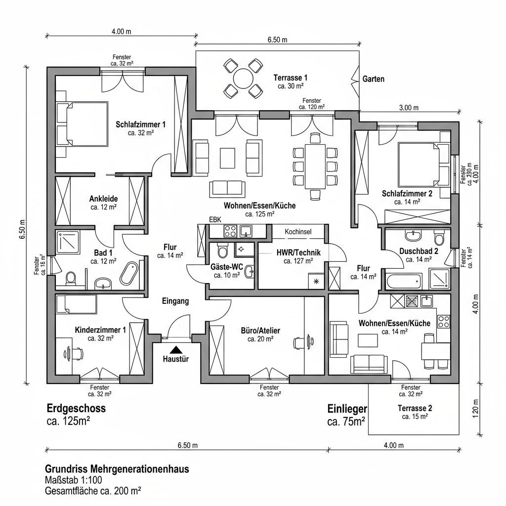 Grundriss Familienhaus Aura mit Einliegerwohnung – 200 m² Mehrgenerationenhaus mit 7 Zimmern