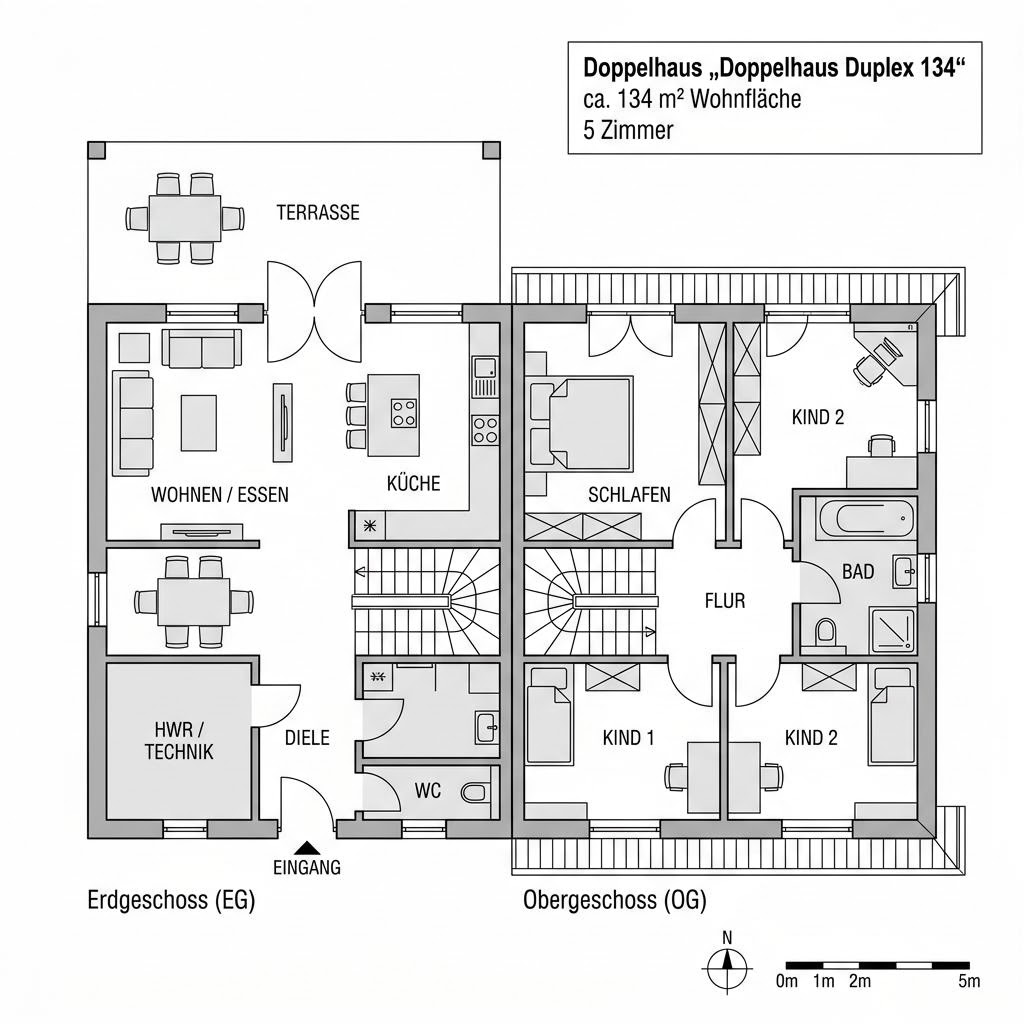 Grundriss Doppelhaus Duplex 134 von Meisterstück-HAUS — 134 m², 5 Zimmer