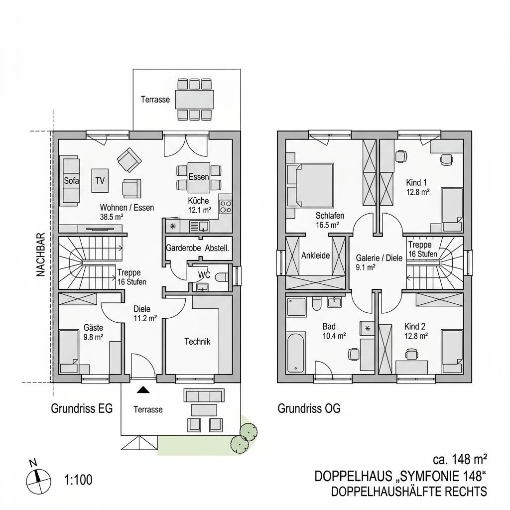 Grundriss Doppelhaus Symfonie 148 von Meisterstück-HAUS — 148 m², 6 Zimmer