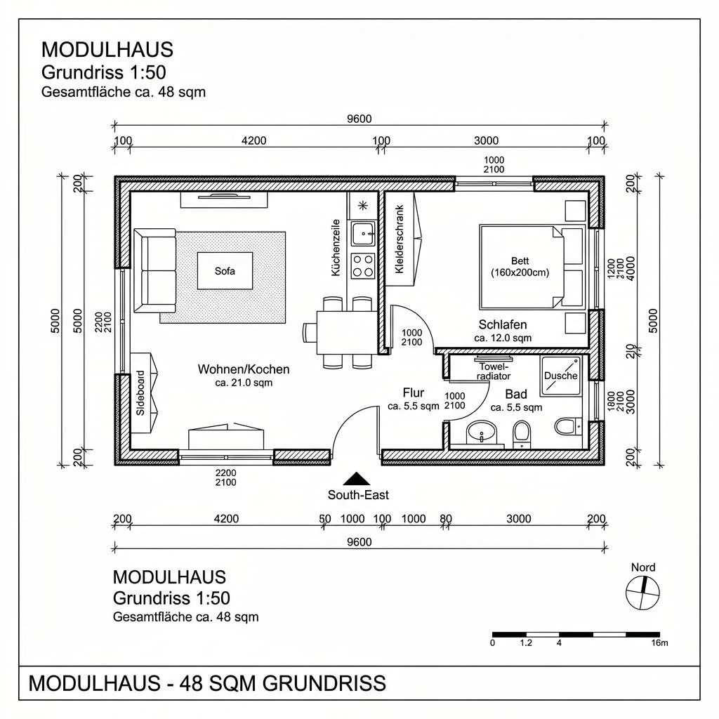 Grundriss Modulhaus Flex 48 von CABIN ONE — 48 m², 2 Zimmer