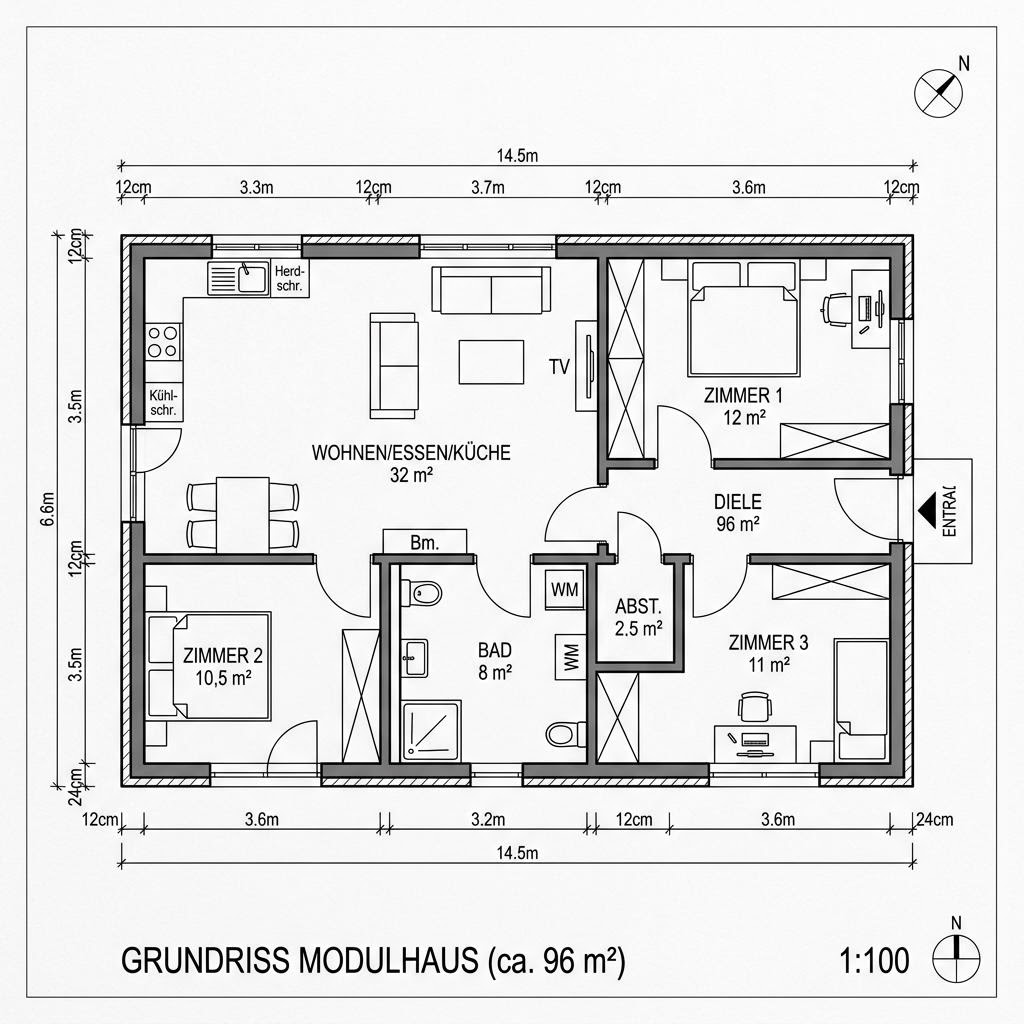 Grundriss Modulhaus Flex 96 von CABIN ONE — 96 m², 4 Zimmer
