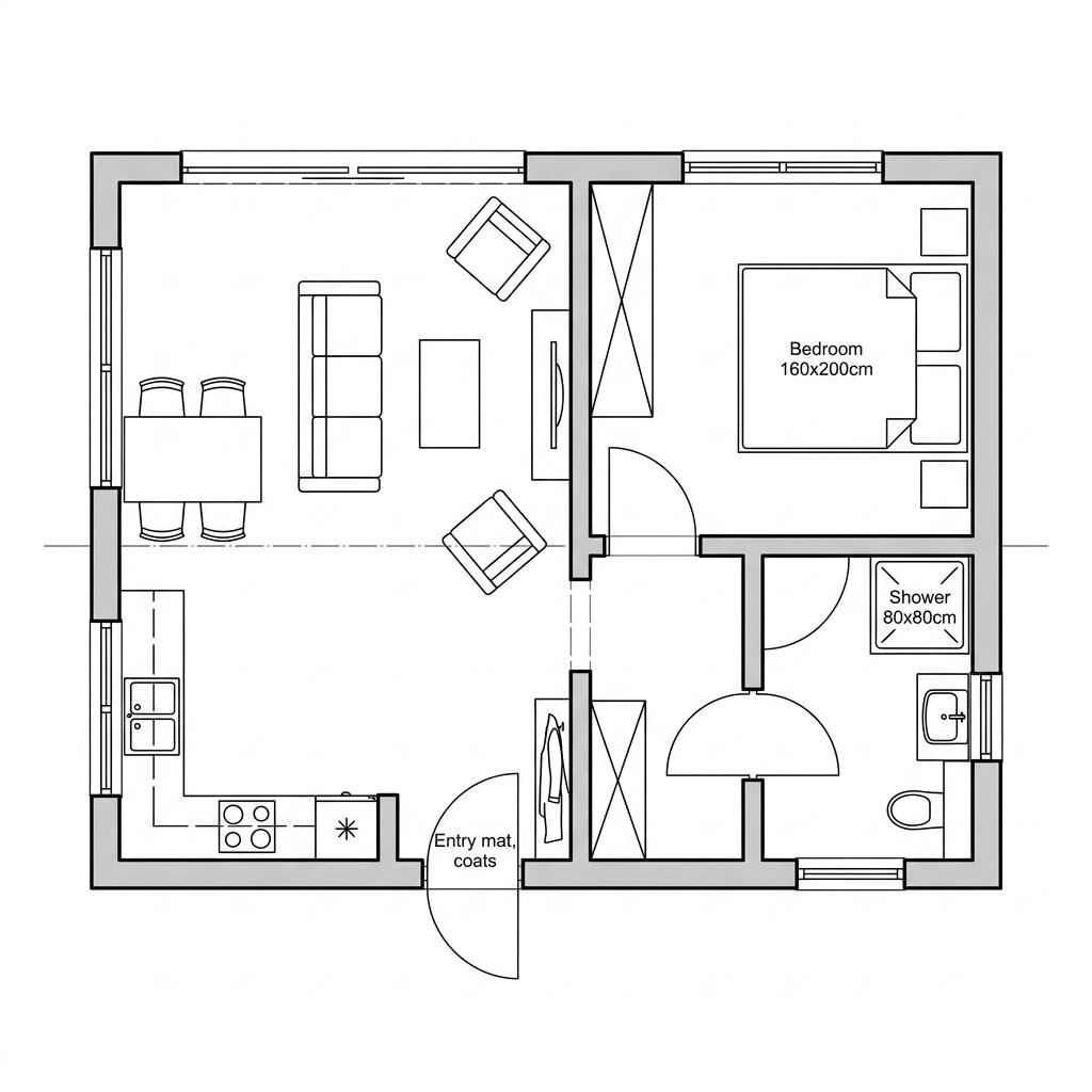 Grundriss Wohncontainer W6 von Conliving — 44 m², 2 Zimmer