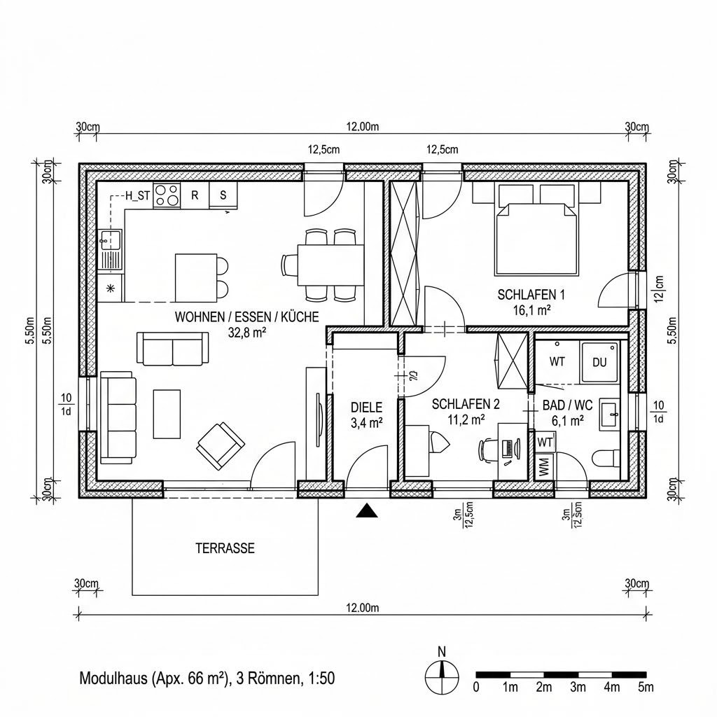 Grundriss Modul Hav 66 von Dwellii House — 66 m², 3 Zimmer