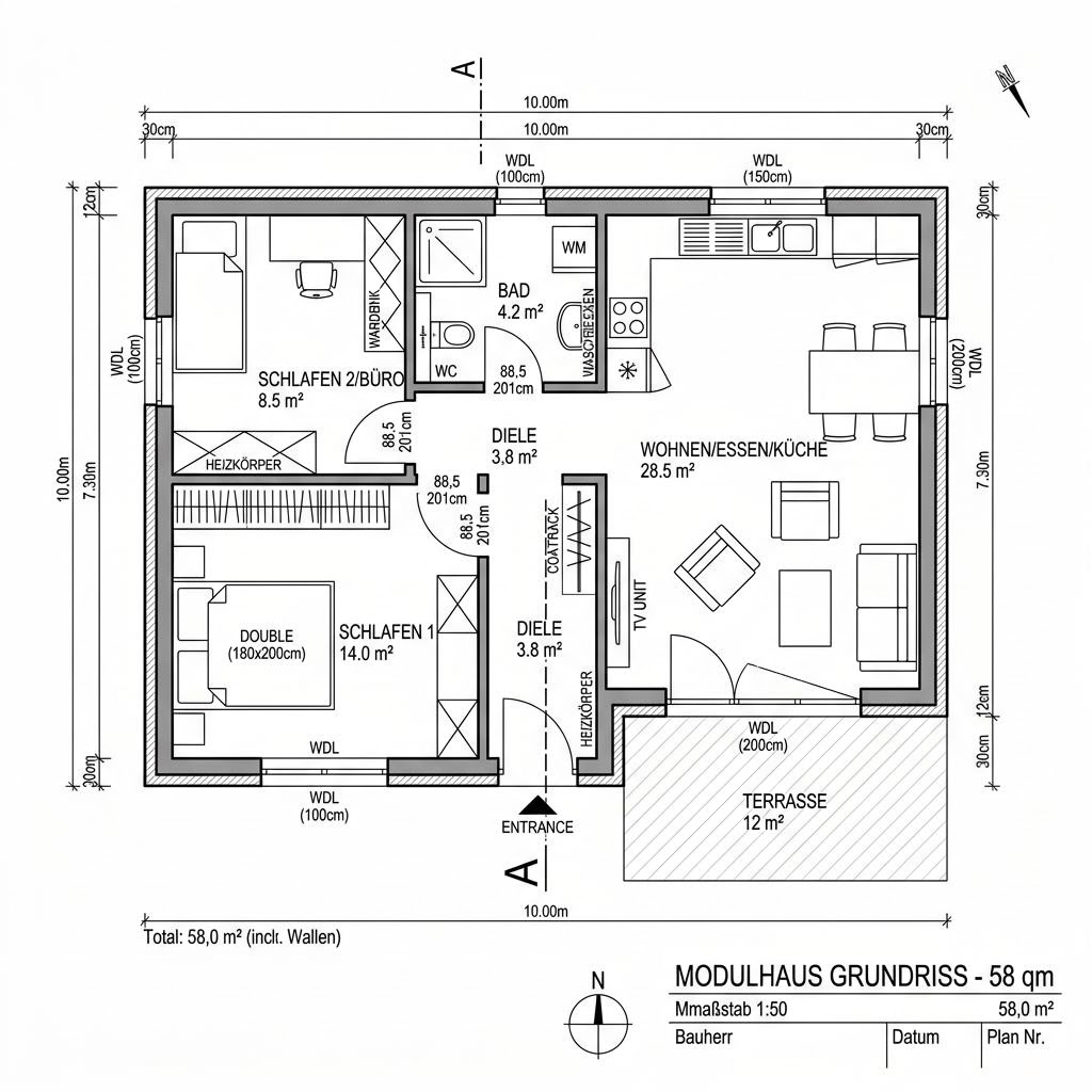 Grundriss Modul Nordic 58 von Dwellii House — 58 m², 3 Zimmer