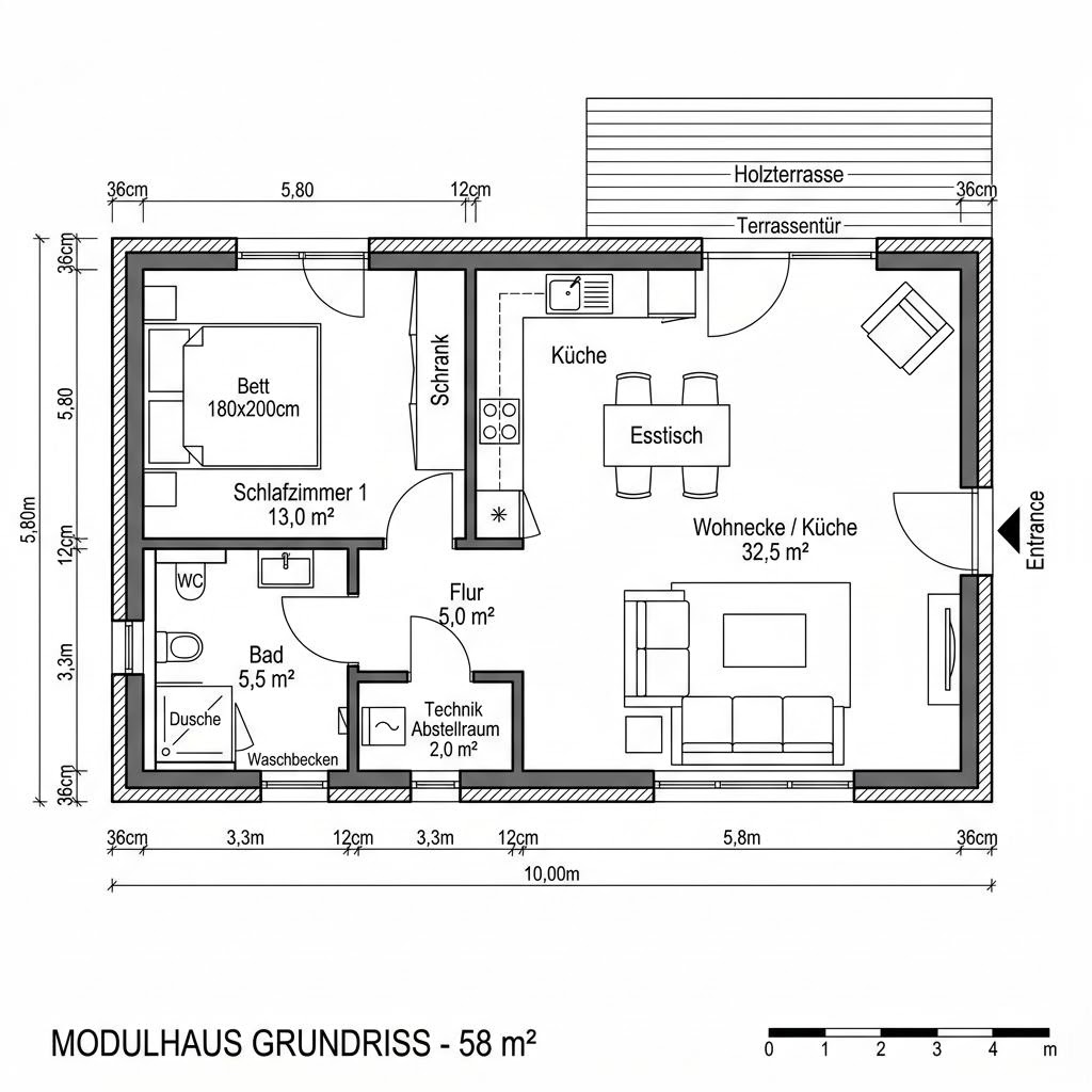 Grundriss Modulhaus Autark 58 von Wohnwagon — 58 m², 2 Zimmer