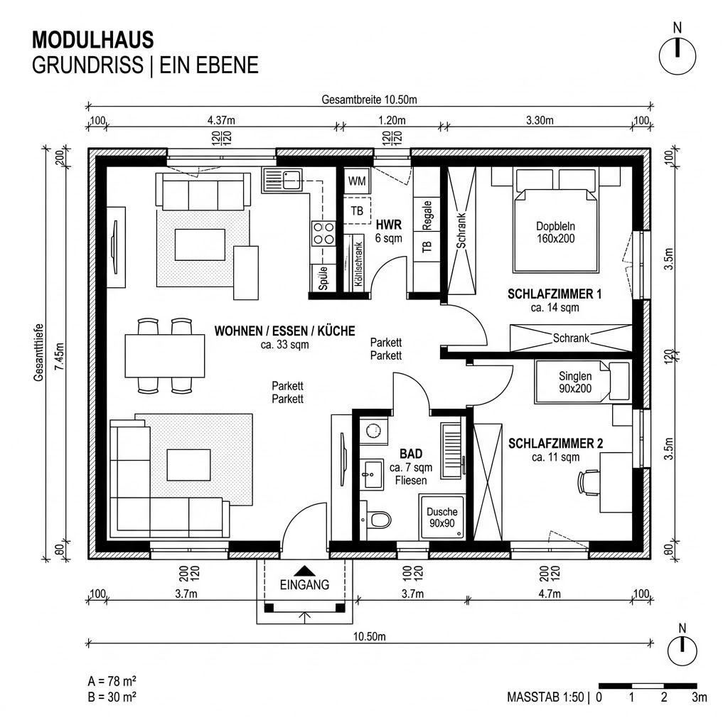 Grundriss Modulhaus Autark 78 von Wohnwagon — 78 m², 3 Zimmer