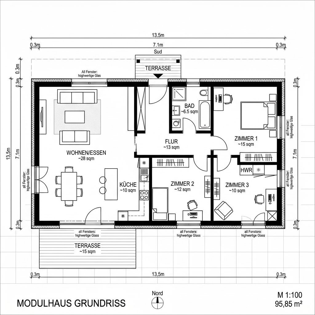 Grundriss Modulhaus Autark 96 von Wohnwagon — 96 m², 3 Zimmer