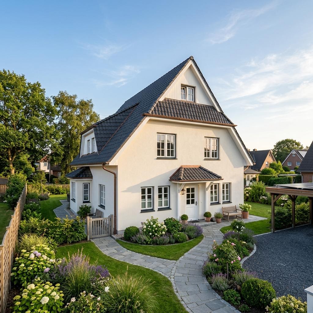 Friesenhaus Boddenkate von Nordic Haus mit weißer Putzfassade und Sprossenfenstern