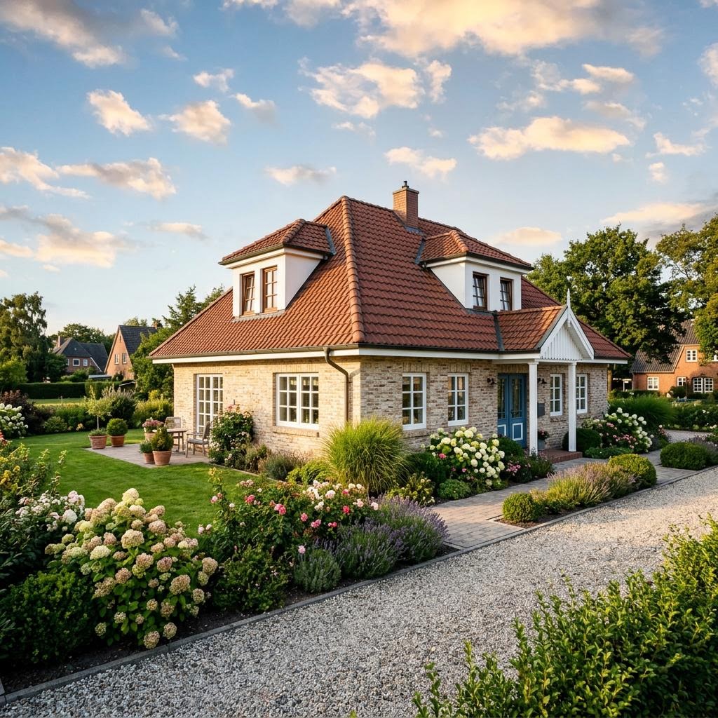 Friesenhaus Halligruh von Nordic Haus mit hellem Klinker und Sprossenfenstern
