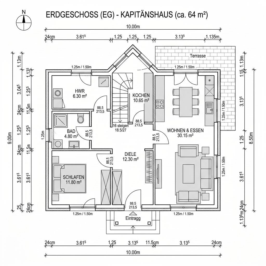 Grundriss Kapitänshaus Husum 128 von Nordic Haus — 128 m², 5 Zimmer