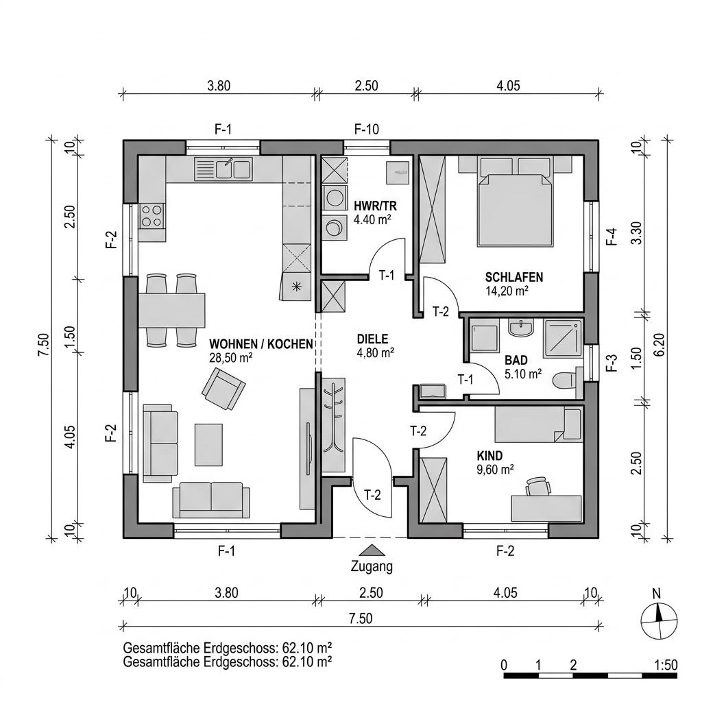Grundriss Anbau Modul 62 – 62 m² Anbau / Aufstockung mit 3 Zimmern