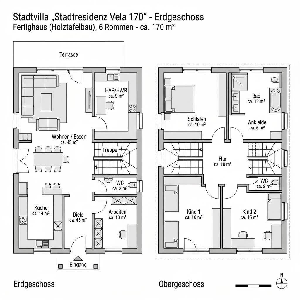 Grundriss Stadtresidenz Vela 170 von OKAL Haus — 170 m², 6 Zimmer