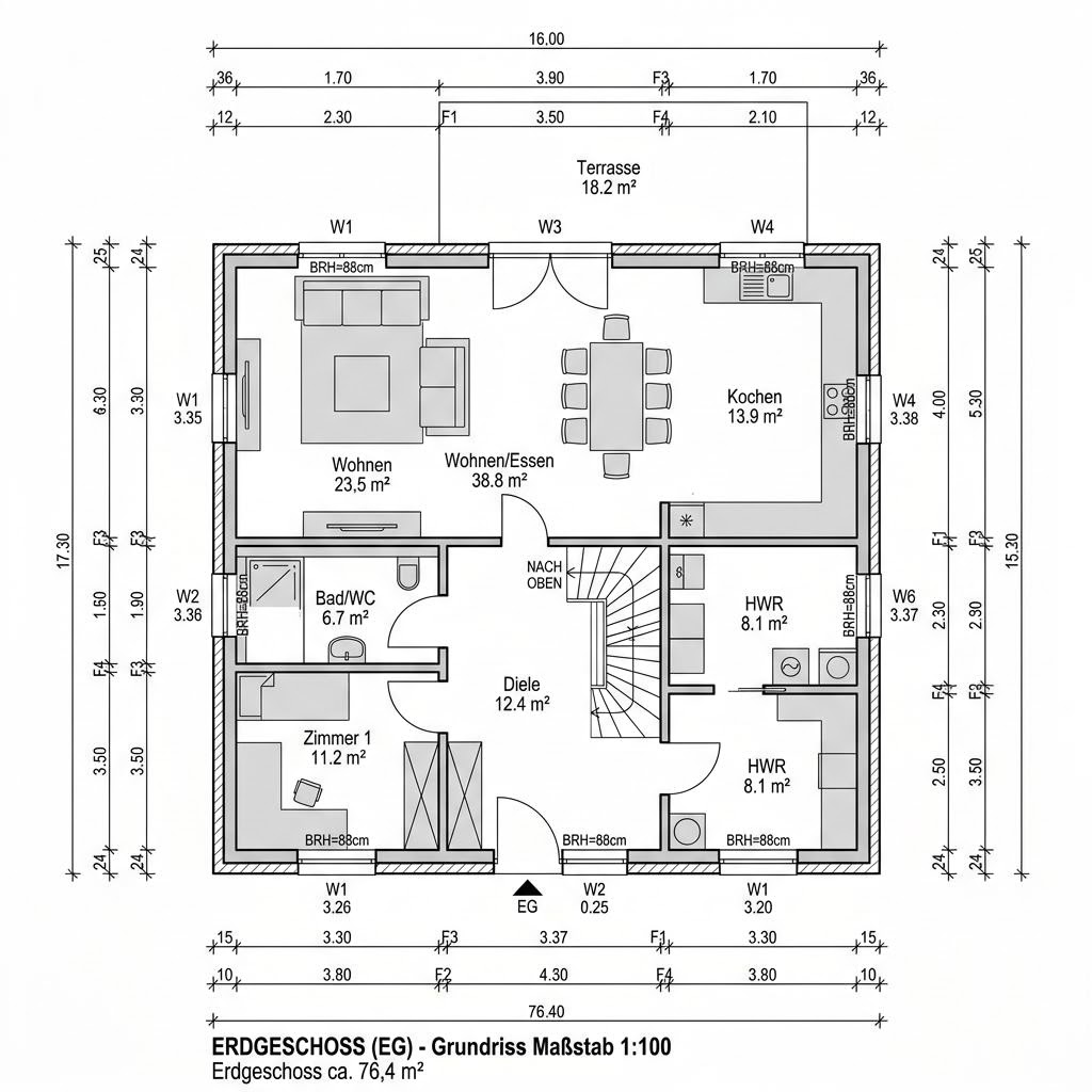 Grundriss Stadtvilla Turm 152 – 152 m² Stadtvilla mit 5 Zimmern