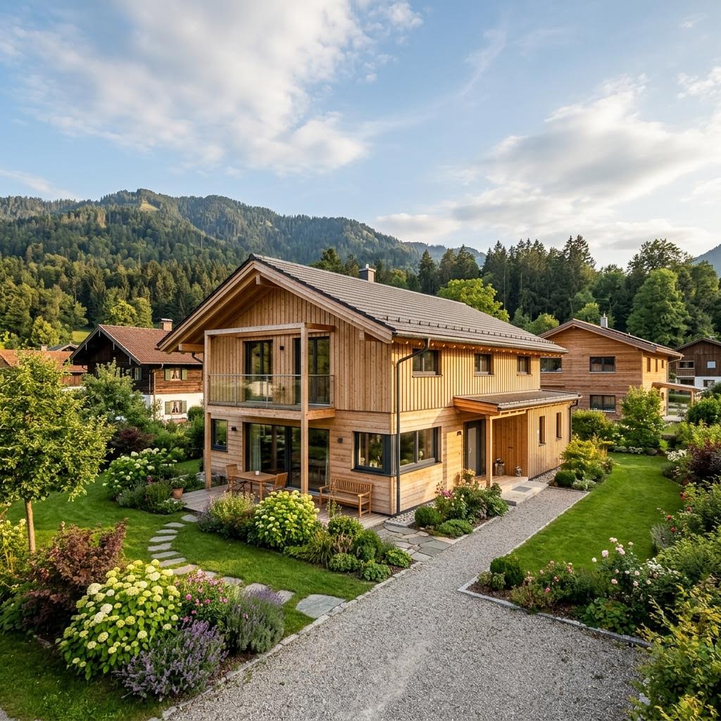 Alpenländisches Holzhaus Bergwald 142 von Petershaus aus Weißtanne mit Satteldach