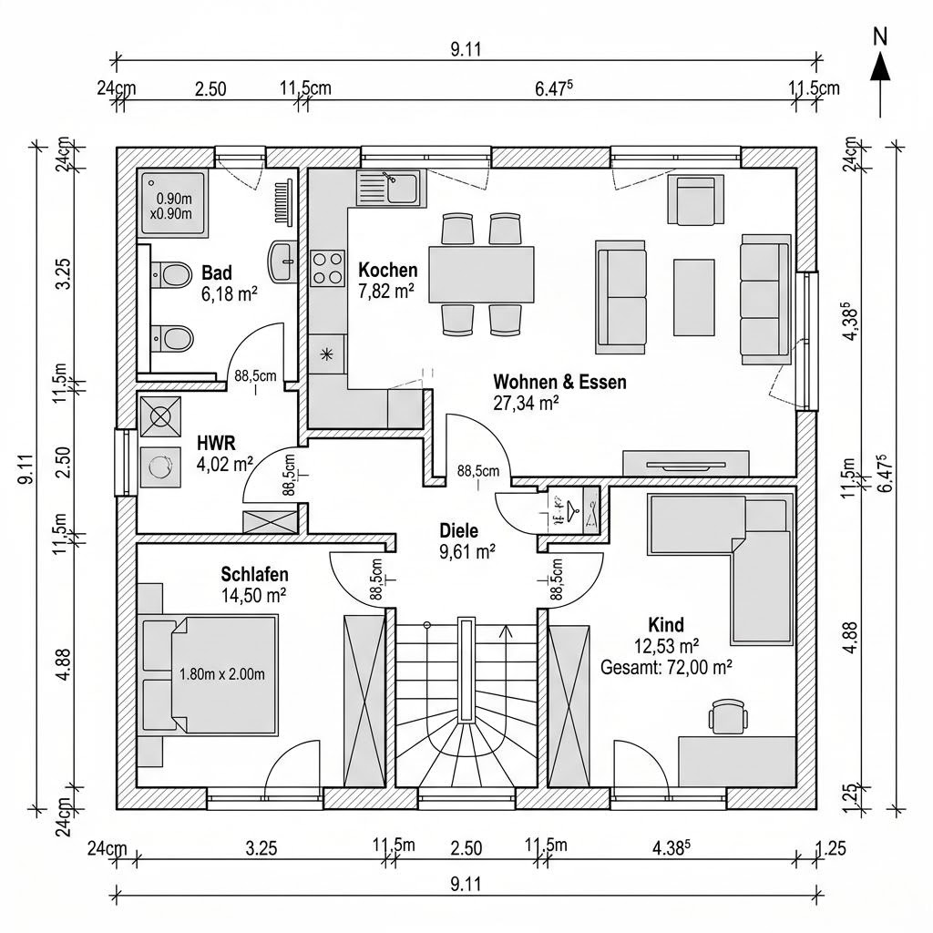 Grundriss Anbaumodul 72 – 72 m² Anbau / Aufstockung mit 3 Zimmern