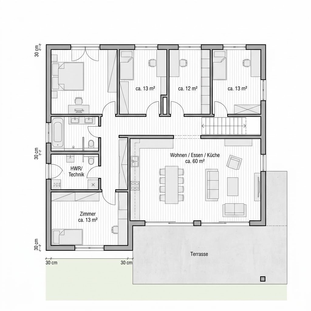 Grundriss Cube 150 – 150 m² Flachdachhaus mit 4 Zimmern
