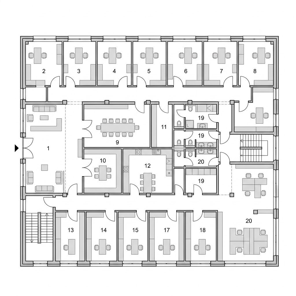 Grundriss Gewerbebau Kombinierte Nutzung von Regnauer Hausbau — 1500 m², 20 Zimmer